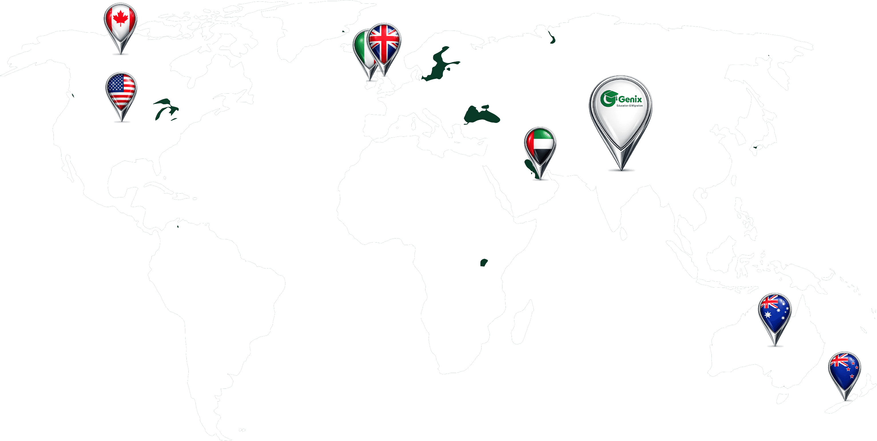 World map showing Genix Education in Nepal connected to study destinations in Canada, the USA, the UK, Dubai, Australia and New Zealand