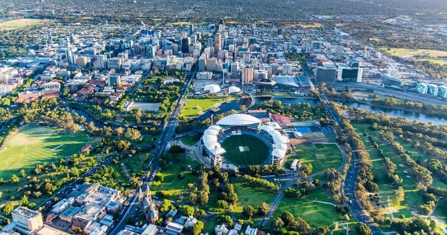 Adelaide city centre and Adelaide Oval from above