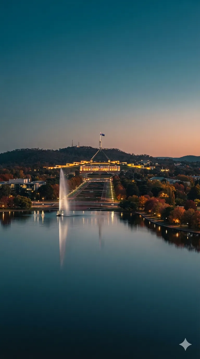 Parliament House and Lake Burley Griffin at dusk, Canberra