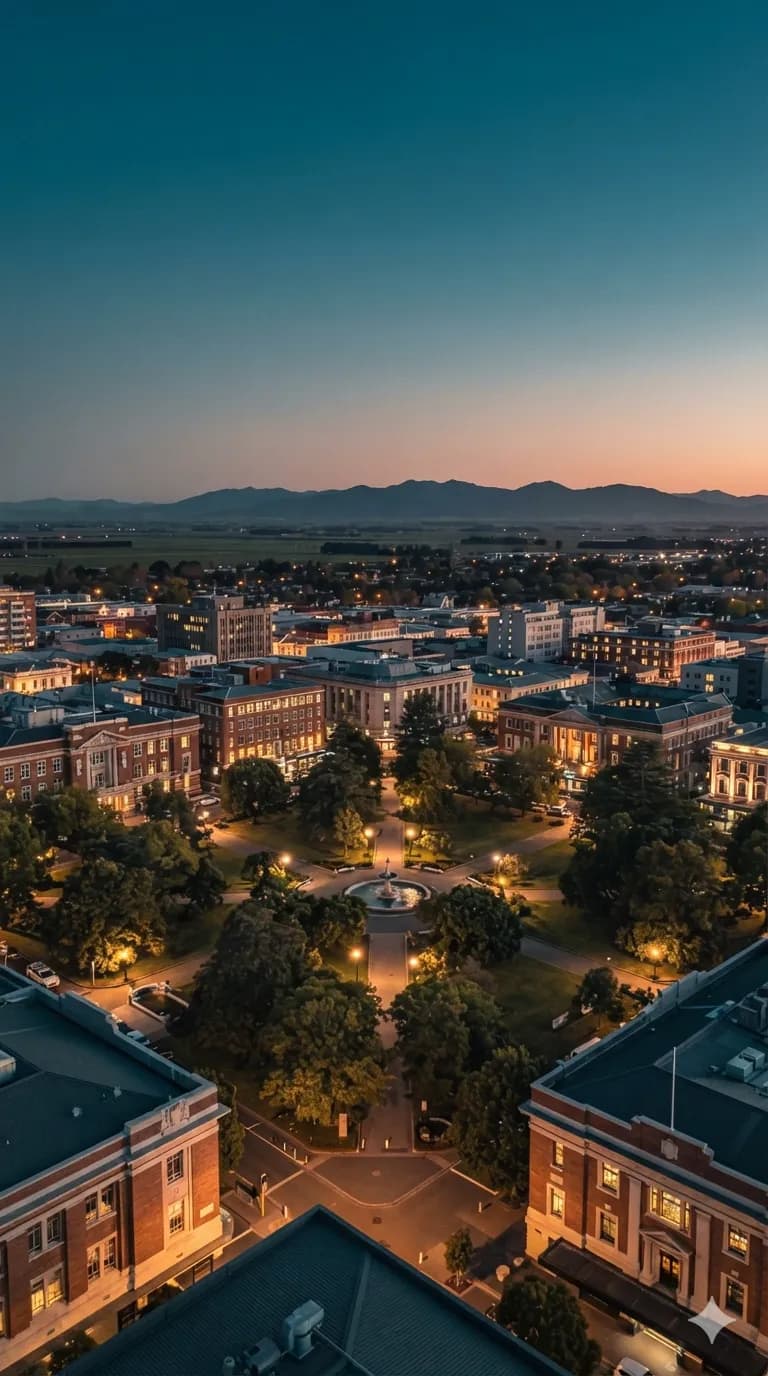 The Square and the city centre at dusk, Palmerston North