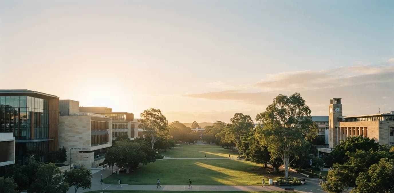 A university campus quadrangle in Australia at golden hour, students walking across the lawn