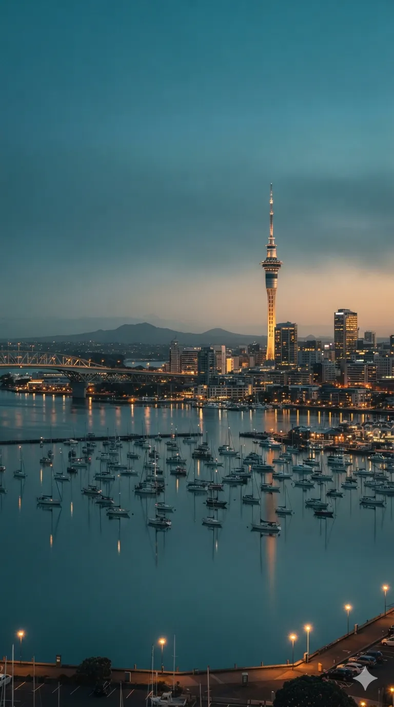Sky Tower and Waitematā Harbour at dusk, Auckland