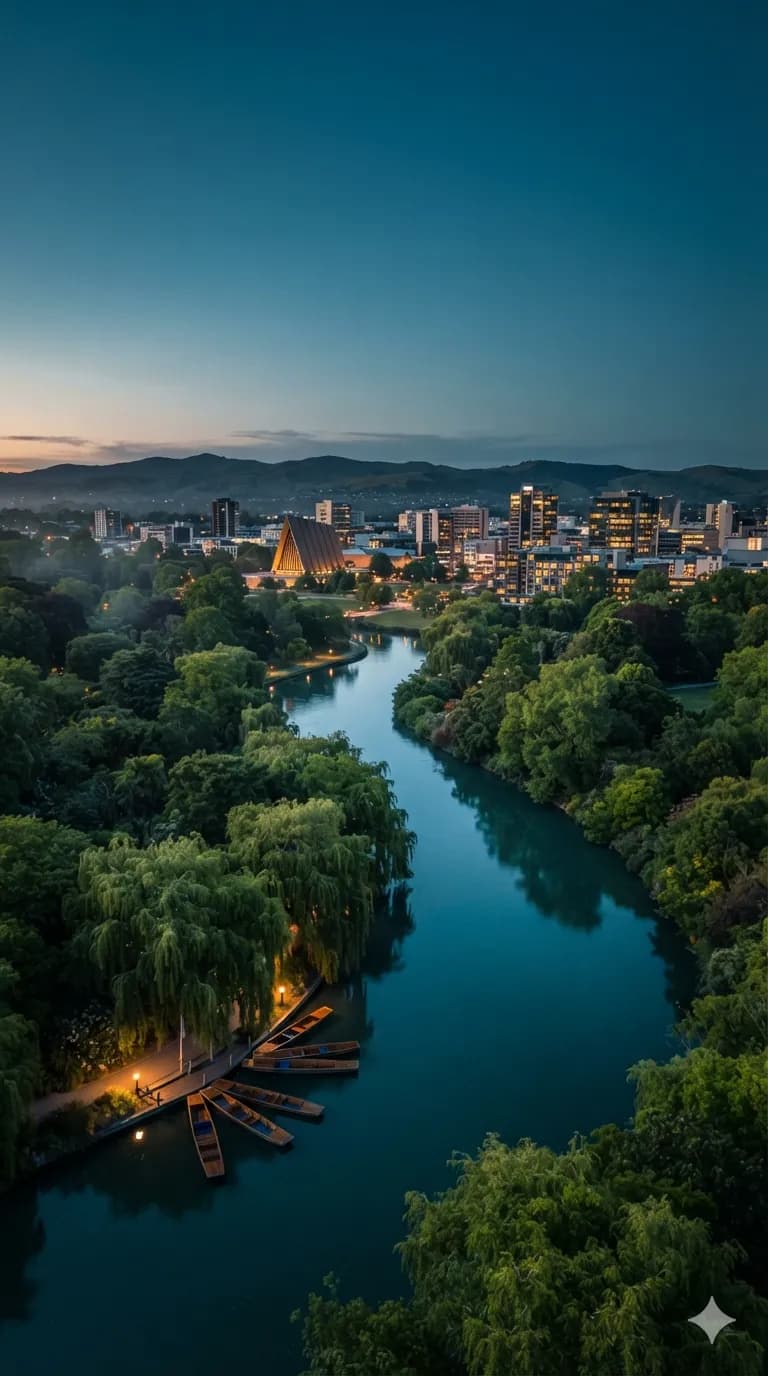 The Avon River and Botanic Gardens at dusk, Christchurch