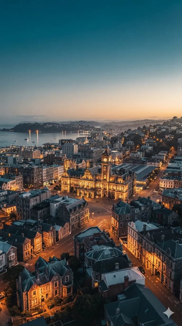 Dunedin Railway Station and the historic city centre at dusk