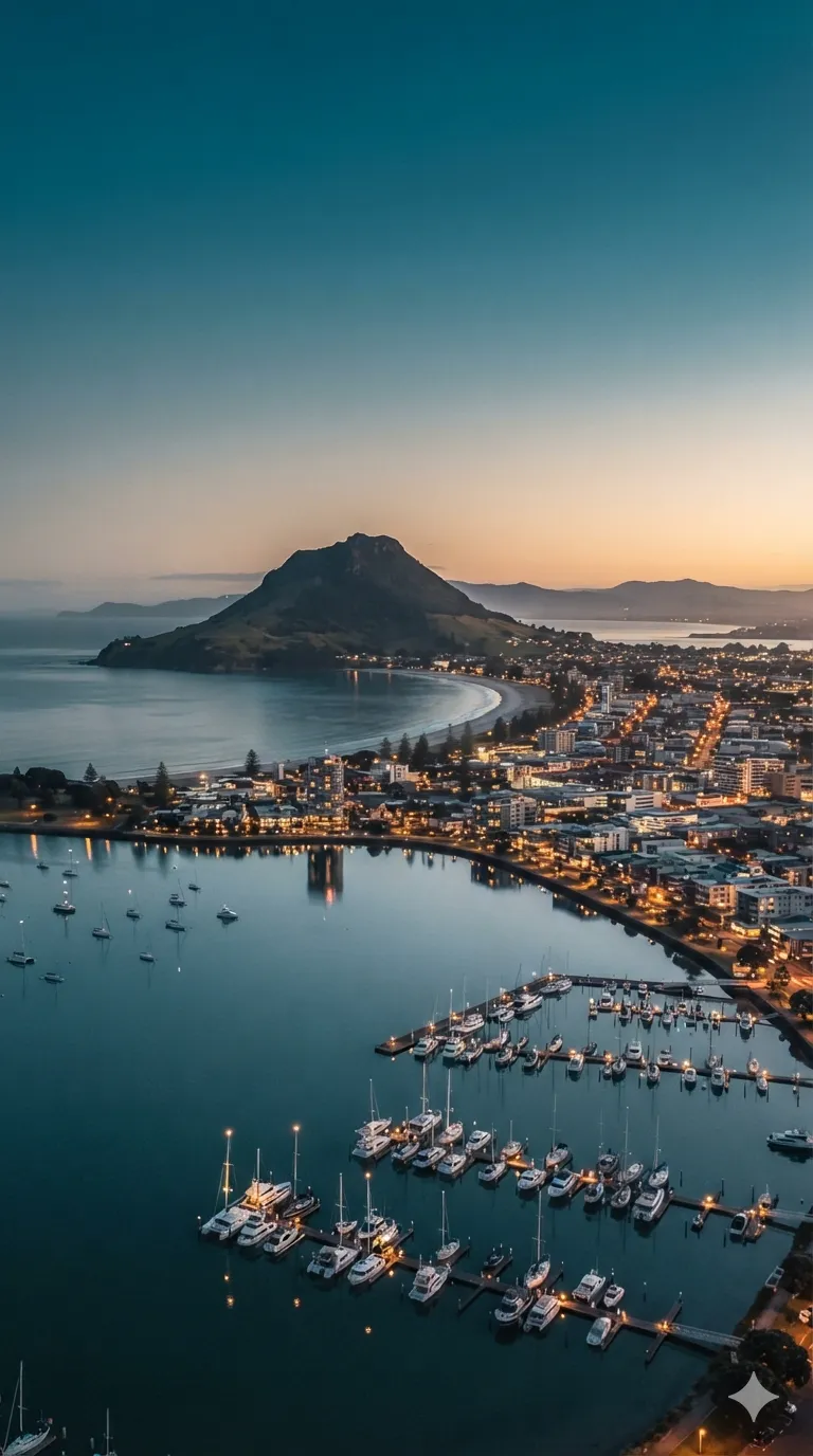 Mount Maunganui, the harbour and marina at dusk, Tauranga