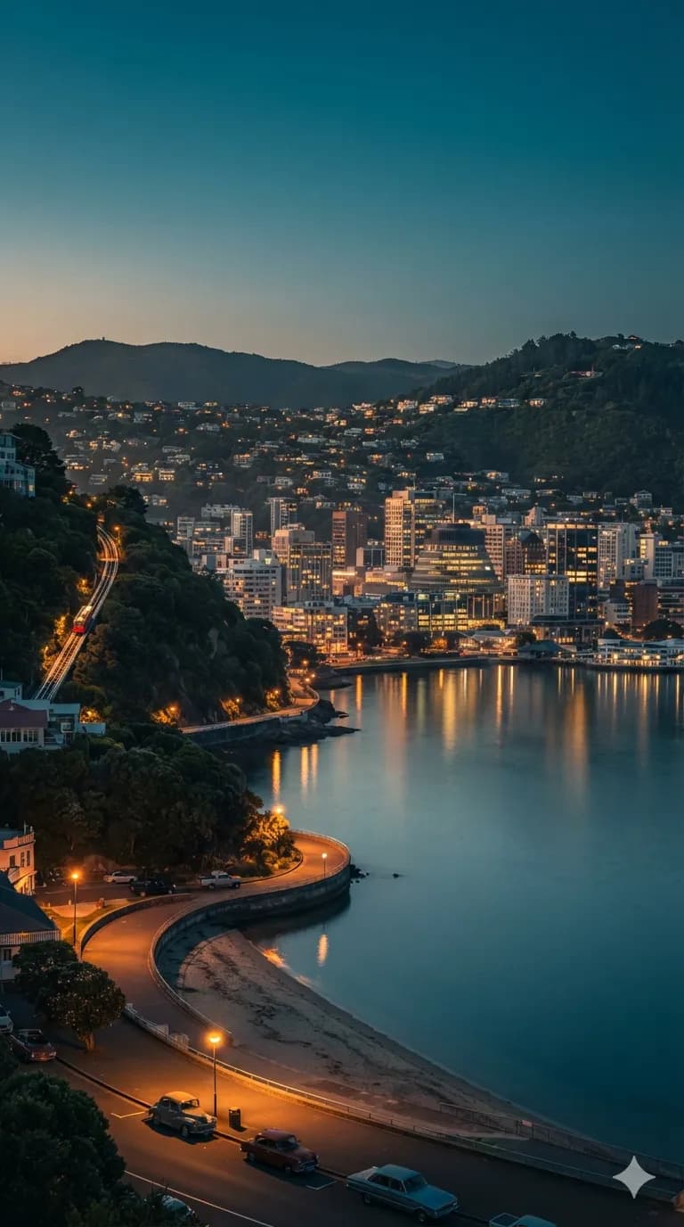 Wellington harbour and the hillside city at dusk